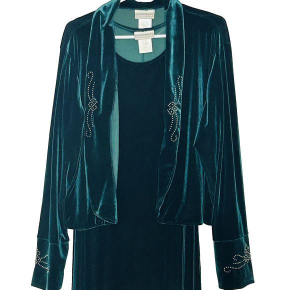 Coldwater Creek Dresses & Skirts - Coldwater Creek Formal Dress and Jacket XL Green Velour Gold Beads 2 Piece Set